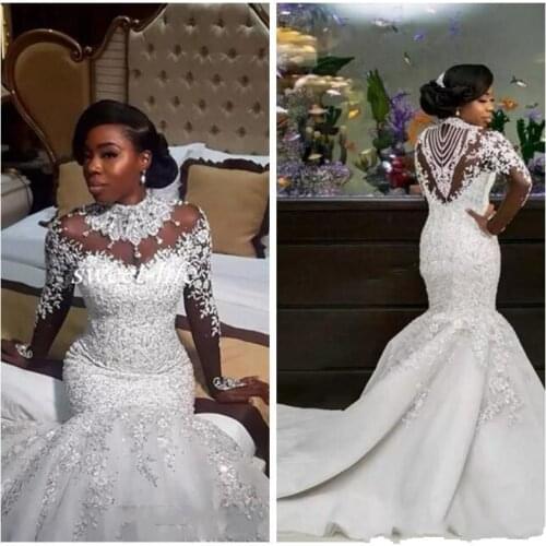 Bling Bling Slim High Neck Mermaid Wedding Dresses Crystals Sheer Long Sleeves Lace Appliques Bridal Gowns Custom Vestidos