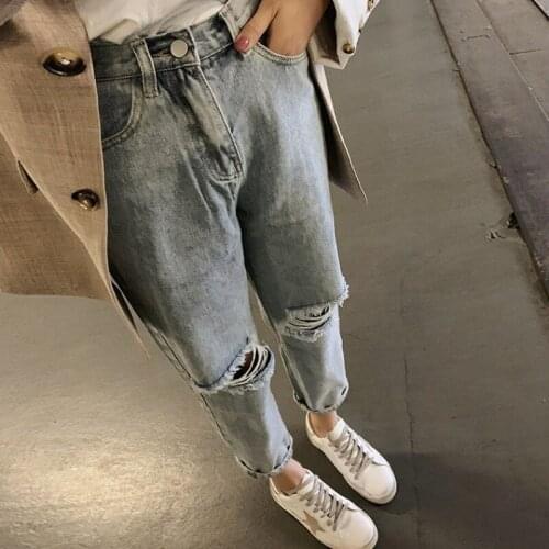 Light Blue Denim Trousers Vintage Hole Wide Leg Pants Ankle-Length Pants Straight Long Harem Pants High Waist Casual Women Jeans