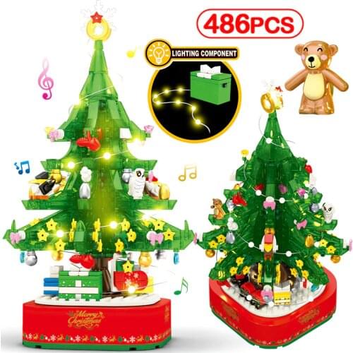 LED Light Rotating Music Box Christmas Tree Building Blocks DIY Friends Santa Claus Shining Xmas Bricks Toys For Children Grils