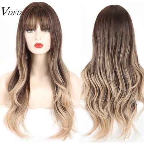 VDFD Synthetic Wig with Bangs Dark Brown Ombre Light Brown Long Wavy Natural Hair Cosplay for Women Daily Heat Resistant Fiber