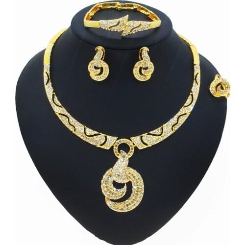 Yulaili 24K Dubai Gold Plated Classic New Design Bridal Gifts Crystal Gold Necklace Earrings Bangle Ring Jewelry Set