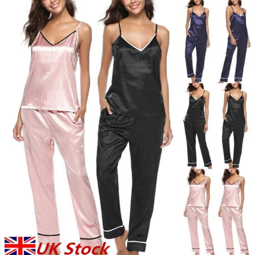 Women Silk Soft Satin Pajamas Set Sleeveless Top+Pant Sleepwear Nightwear Summer Fashion Casual Soft Sling Tops Lady Homewear