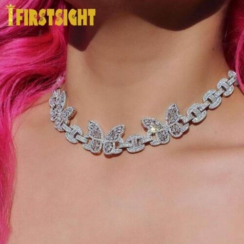 Silver Color CZ Butterfly Choker 12mm Iced Out Bling Cubic Zirconia 12mm Lock Pin Link Chain Necklace Hip Hop For Women Jewelry