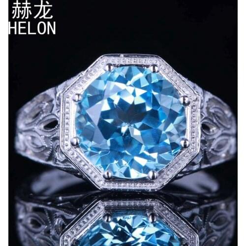 10mm Round Sky Blue Topaz Ring Setting Antique Filigree 925 Sterling Silver Wedding Fine Ring Art Deco Vintage Style Jewelry