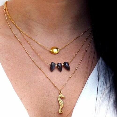 3 Pcs/Set Fashion Necklaces Women Gold Personality Multilayer Hippocampus Gem Geometric Pendant Necklace Beach Party Jewelry