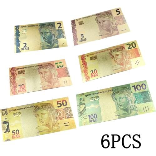 6PCS/SET Brazil Banknotes 2 5 10 20 50 100 Gold Foiled Platsic Banknote Gold Plated Replica Collection Souvenirs Drop Shipping