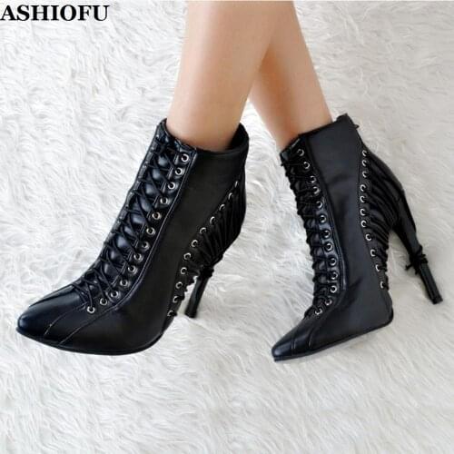 ASHIOFU Handmade Ladies High Heel Boots Cross-straps Party Prom Dress Ankle Boots Eurolish Sexy Evening Fashion Short Boots