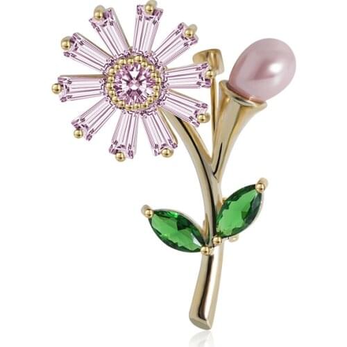Luxury Cubic Zirconia Sunflower Brooch Pin with Freshwater Pearl Pins Bridal Wedding Bouquet Brooches Jewelry New Gifts Broches