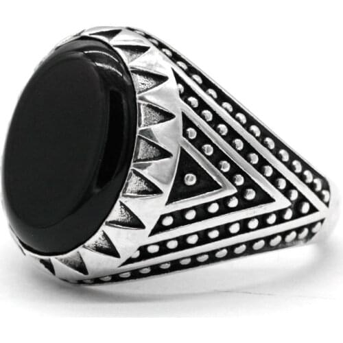 Black Agate Ring for Men 925 Sterling Silver Natural Stone Punk Vintage Male Women Rings Geometric Turkey Handmade Jewelry Gift