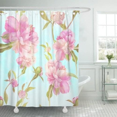 Colorful Botanical Watercolor Flowers and Buds of Pink Peony Collage Leaves on Composition Abstract Shower Curtain Waterproof