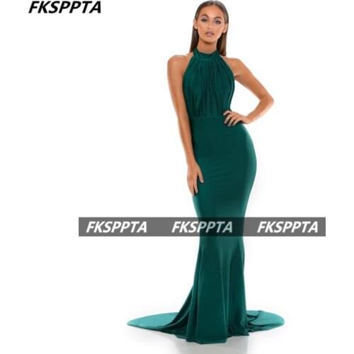 Elegant Long Green 2021 New Mermaid Prom Dresses Backless Halter Silk Satin Sexy Women Formal Gowns For Wedding Party Plus Size