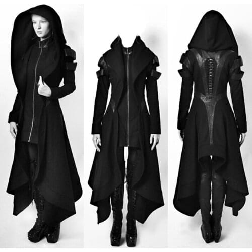 Halloween Costumes For Women Ladies Black Hooded Irregular Long Jacket Medieval Clothing Stage Drama Cosplay Costumes SL1814