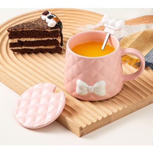 Bow Mug With Lid And Spoon Home Large Capacity Lovely Nordic Girl Heart-shaped Ceramic Water Cup Set