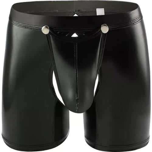 Mens Sexy Open Crotch Casual Leather Boxer For Sex Male Latex Short Pants Crotchless Hot Porn Bulge Pouch Sexy Bottom Underwear