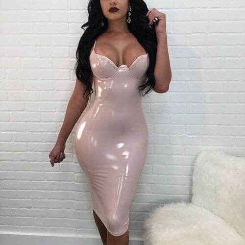 2020 New Summer Dress Women Sexy Party Club Dress New Robe Femme PU Dress Latex Glossy Sexy Bodycon Midi Dress M-4XL