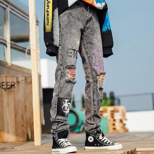 2020 New Women Ripped Jeans Women European and American Street Style Embroidery Straight Denim Hole Pants Women Trousers