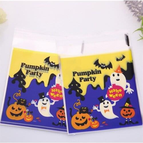 New Design 100pcs/lot 10x13cm Lovely Plastic Adhesive Gift Packaging Favor Pumpkin Party Halloween Cookie Bags