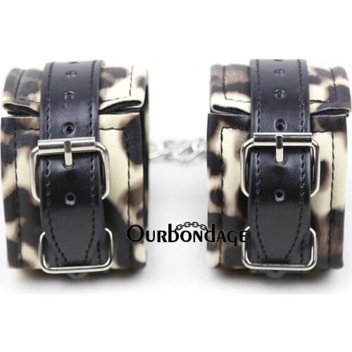 Ourbondage Leopard PU Leather Fetish Bondage Flirting Wrist Ankle Cuffs With Hook For Adult Beginner Sex Toy