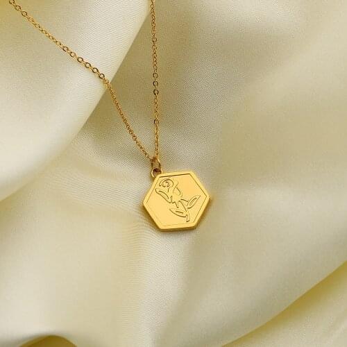 Retro Trendy Geometric Square Hexagonal Rose Flower Pendant Necklace 18K Gold Plating 316l stainless steel necklace