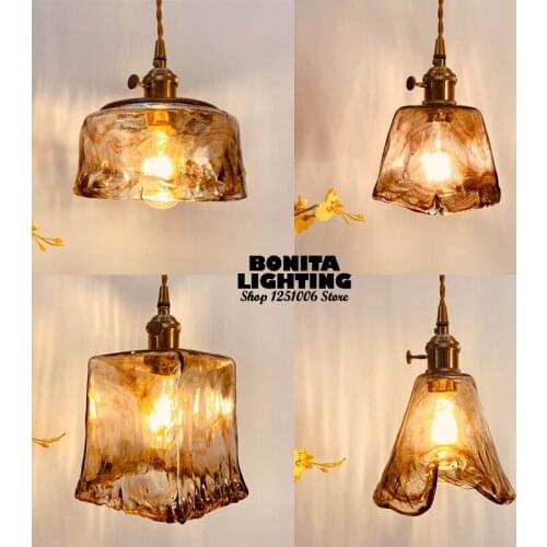 Nordic retro Copper glass pendant light With switch Brown Agate stone droplight loft restaurants cord pendant lamp