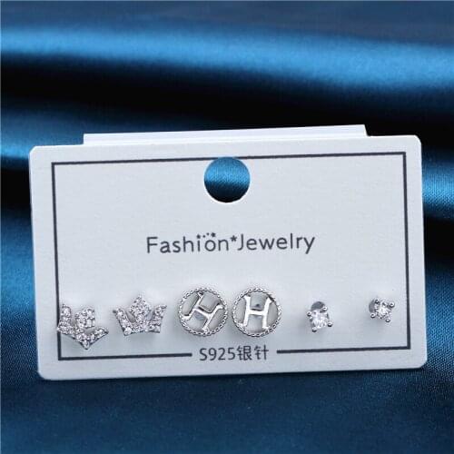 S999 Silver Needle Exquisitely Inlaid Star Crown Zircon Three Pairs of Earrings Simple and Versatile Little Girls Earrings