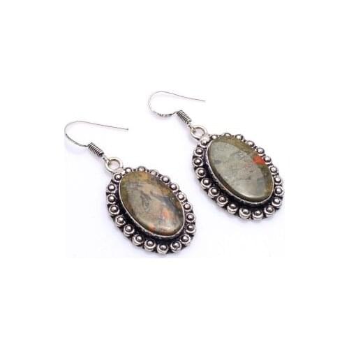 Genuine Unakite Silver Overlay on Copper Earrings ,Hand made Women Jewelry Gift , E5645