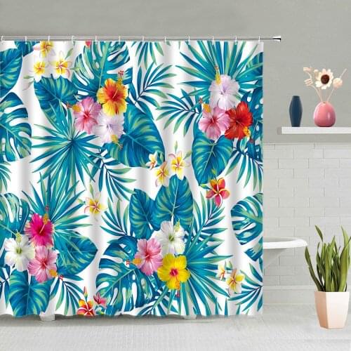 Tropical Plants Shower Curtain Flowers Green Leaves Bathroom Decoration Background Curtains Washable With Hook Set Home Decor