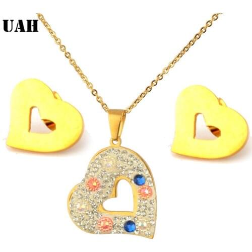 UAH Trendy Stainless Steel Gold Color Zirconia Heart Pendant Necklace Earrings Jewelry Sets for Women Wholesale