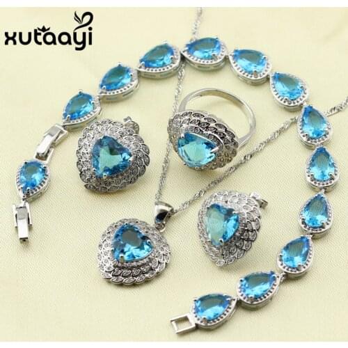 XUTAAYI Top Quality Silver colorcolor Jewelry Sets Blue Created Sapphired Flawless Necklace/Rings/Earrings/Bracelet For women