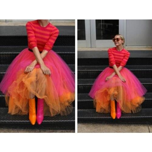 Hot Pink And Orange Layered Tulle Skirts faldas New Collection Skirts with Elastic Band Custom Made Women Skirts Tutu