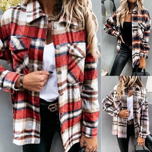 2021 Autumn and Winter Womens Fashion Casual Long-sleeved Plaid Lapel Shirt Coat Slim All-match Cardigan Coat Women
