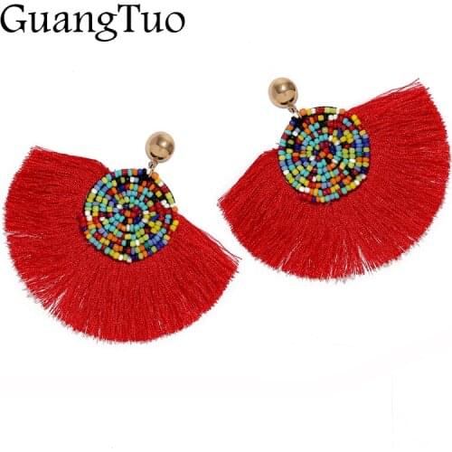 EK2158 New Ethnic Beaded Tassel Earrings for Women Geometric Long Dangle Boho Fan Shape Cotton Fringe Statement Brincos Jewelry