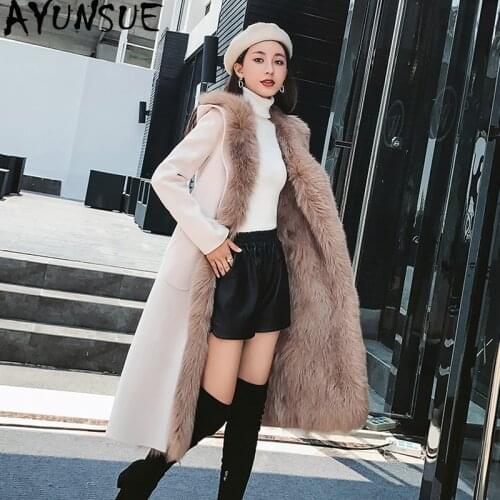 AYUNSUE Autumn Winter Coat Women Real Fox Fur Coat Female Jacket Real Wool Coat Women Double Side Woolen Coats Manteau Femme MY