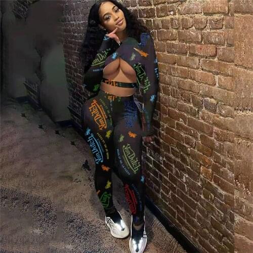 VAZN 2021 Autumn High Street Sexy Hollow Out Open Letter Tracksuits Young Full Sleeve Long Pants Skinny 2PCs Set Women Suits