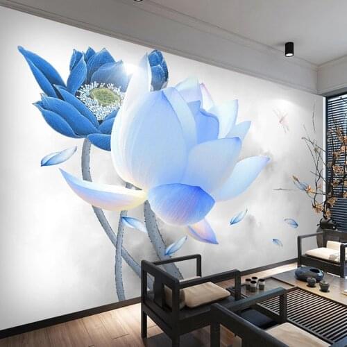 Custom 3D Wallpaper Murals Blue Lotus Flower TV Background Wall Decor Painting Bedroom Study Restaurant Living Room Large Mural