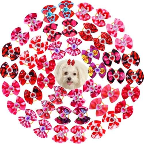 60pc Pet Dog Hair Accessories Diamond Dog Hair Bows Pink Love Style Pet Dog Ribbon Bow Rubber Bands Dog Supplies Samll Dog Bows