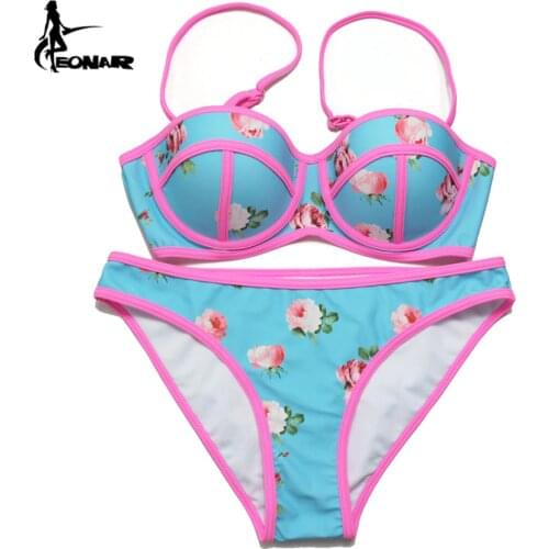 EONAR Push Up Bikini 2019 Print Floral Bikini Set Women Swimsuit Swimwear Adjustable Halter Strap/ Ties at back Bathing Suits