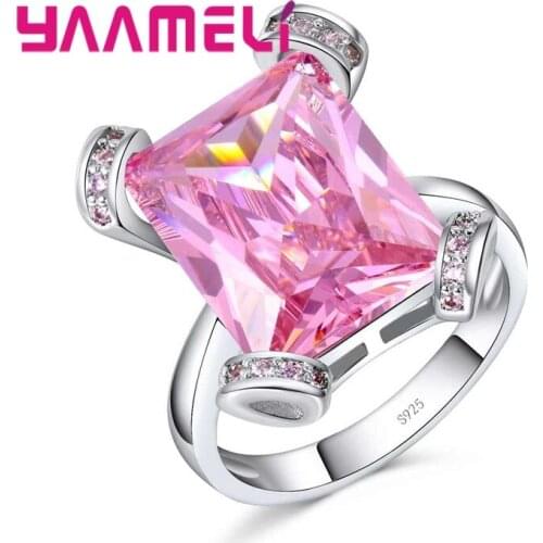 Shining Pink CZ Ring with Solid 925 Sterling Silver Zircon Stone Bague Women Wedding Cocktail Party Jewelry Top Quality