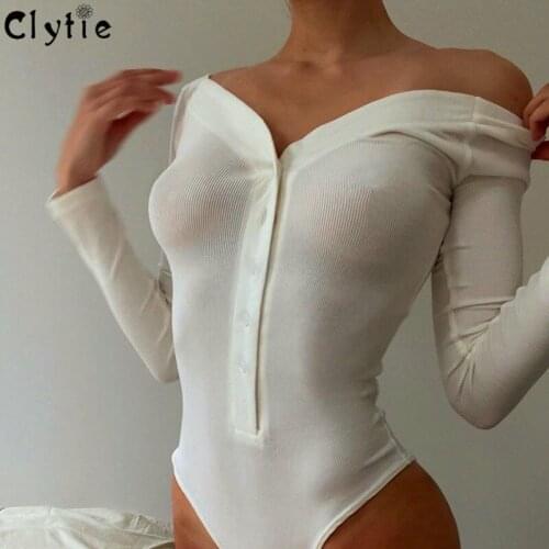 Clytie Ribbed Long Sleeve Bodysuit Women Skinny Ladies Outside Style Elegant Bodycon Female Button V Neck Bodysuits