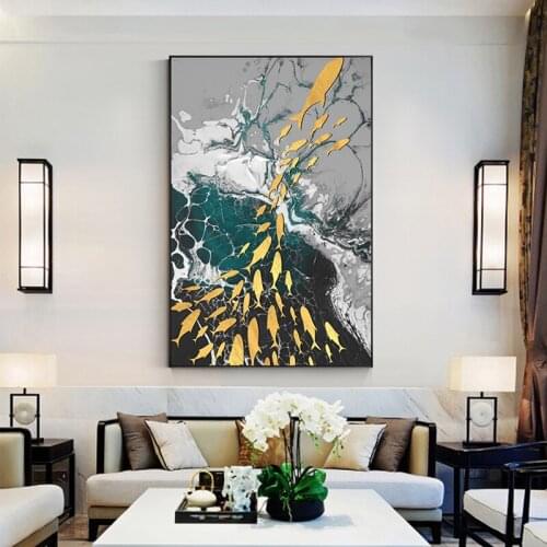 Big Blue Poster Green Print Luxury Wall Art Picture Abstract Golden Feather Canvas Painting for Living Room 3D Effect Tableaux