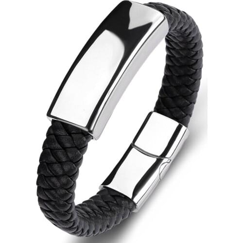 Trendy Men Braided Leather Bracelets Glossy Stainless Steel Magnetic Clasp Party Bangles Punk Jewelry Male Wristband Gifts P124