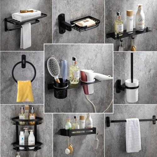 Black Hardware Bathroom Kit Space Aluminum Spray Painting Bathroom Accessories Towel Bar Towel Ring Soap Dish Bathroom Shelf