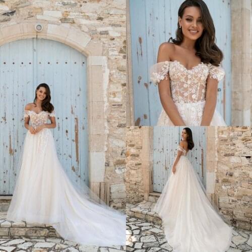 Elegant Illusion A Line Wedding Dresses Off Shoulder 3D Flower Lace Applique Backless Sweep Train Plus Size Beach Robe De Marié