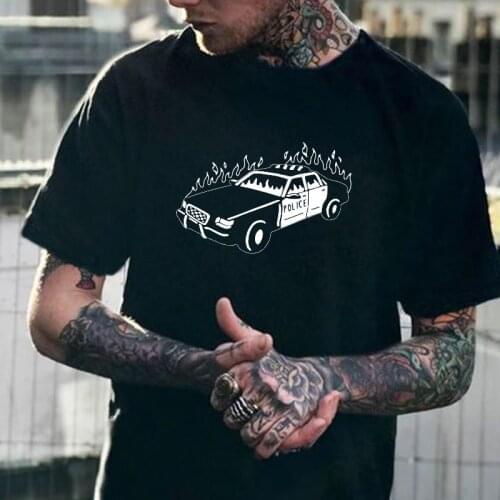 Burning Car Men Fashion Streetwear T Shirt Male Summer Hip Hop Tshirt Harajuku Short Sleeve Cotton Tee Grunge Swag Tops