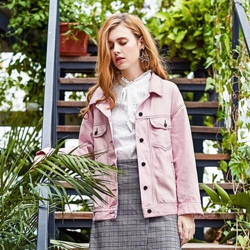 Cotton Pink Womens Denim Jacket Autumn Spring Fashion Casual England Womens Windbreaker Outwear Ladies Female Jeans Coat Girls