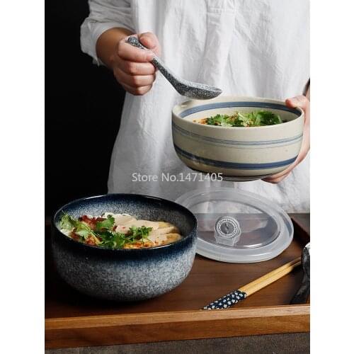 Japanese-style Ceramic NoodleBowl with Lid Bowl for Dormitory Students Single Large Bento Lunch Box Bowl Household Tableware Set