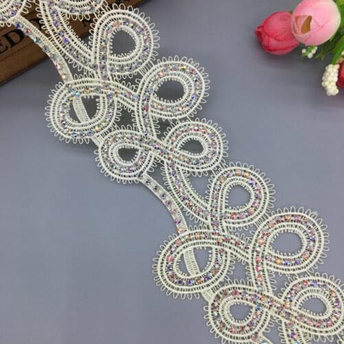 1 yard Yellow Pearl Rhinestones Flower Lace Trim Embroidered Lace Ribbon Fabric Sewing Craft For Costume Wedding Dress Clothes