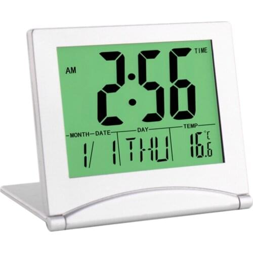 Mini Travel Alarm Clock, Digital LCD Display Desk Foldable Clocks With Snooze Backlight Temperature Date Timer 12/24Hr