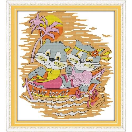 The kitten boating cross stitch set cat on boat kit cartoon aida 11ct 14ct 18ct count pattern embroidery DIY handmade needlework