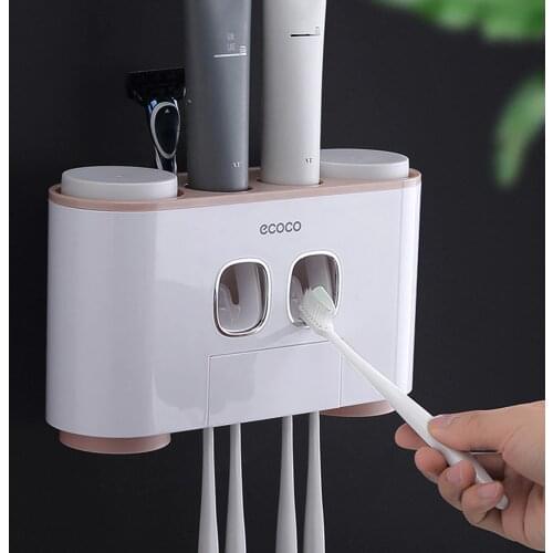 ToothBrush Holder Wall Mount Toothpaste Squeezer Bathroom Accessories Set Toothpaste Storage Rack with 4 Cups